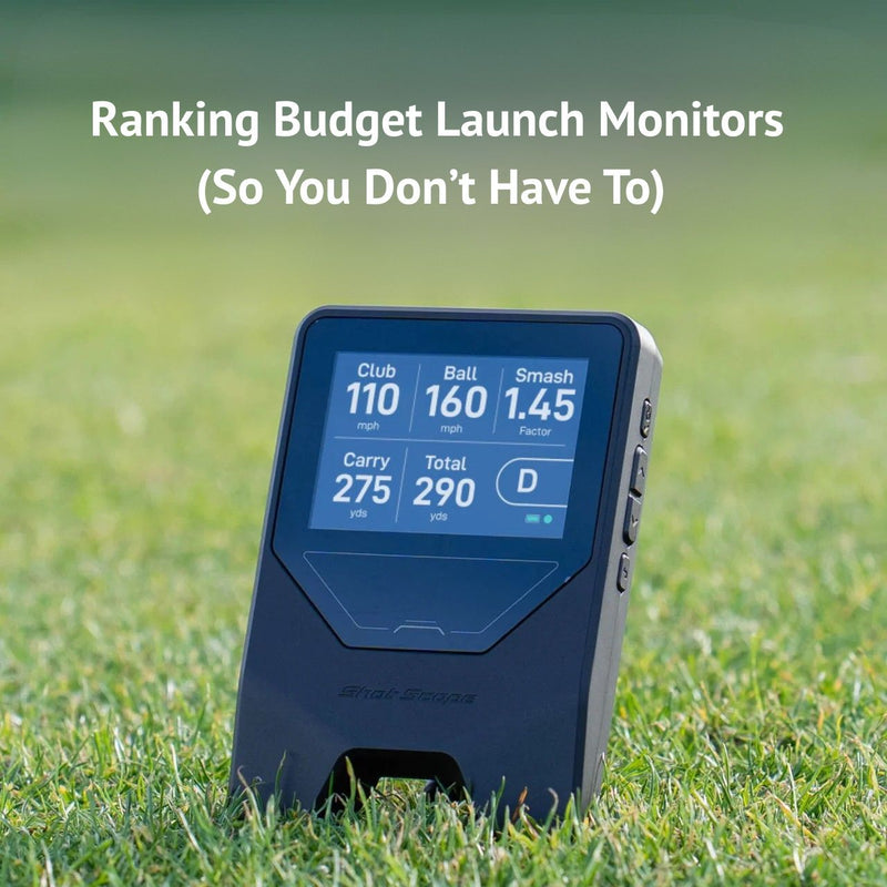 Golfer using a budget launch monitor in an indoor golf simulator setup.