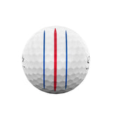 Golf ball with red and blue stripes on a white background