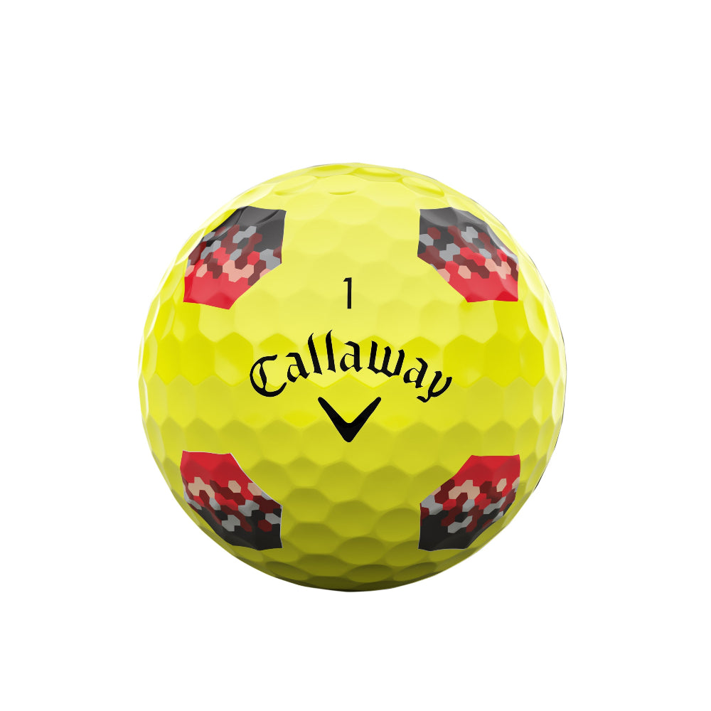 Yellow golf ball with Callaway logo on a white background