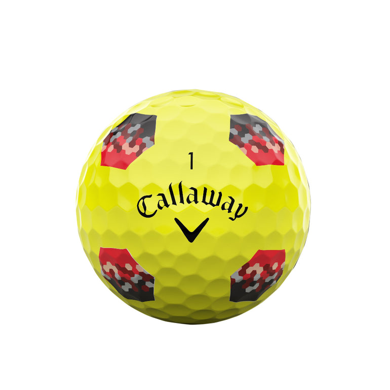 Yellow golf ball with Callaway logo on a white background