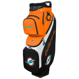 Orange and black golf bag with Miami Dolphins logos on a white background
