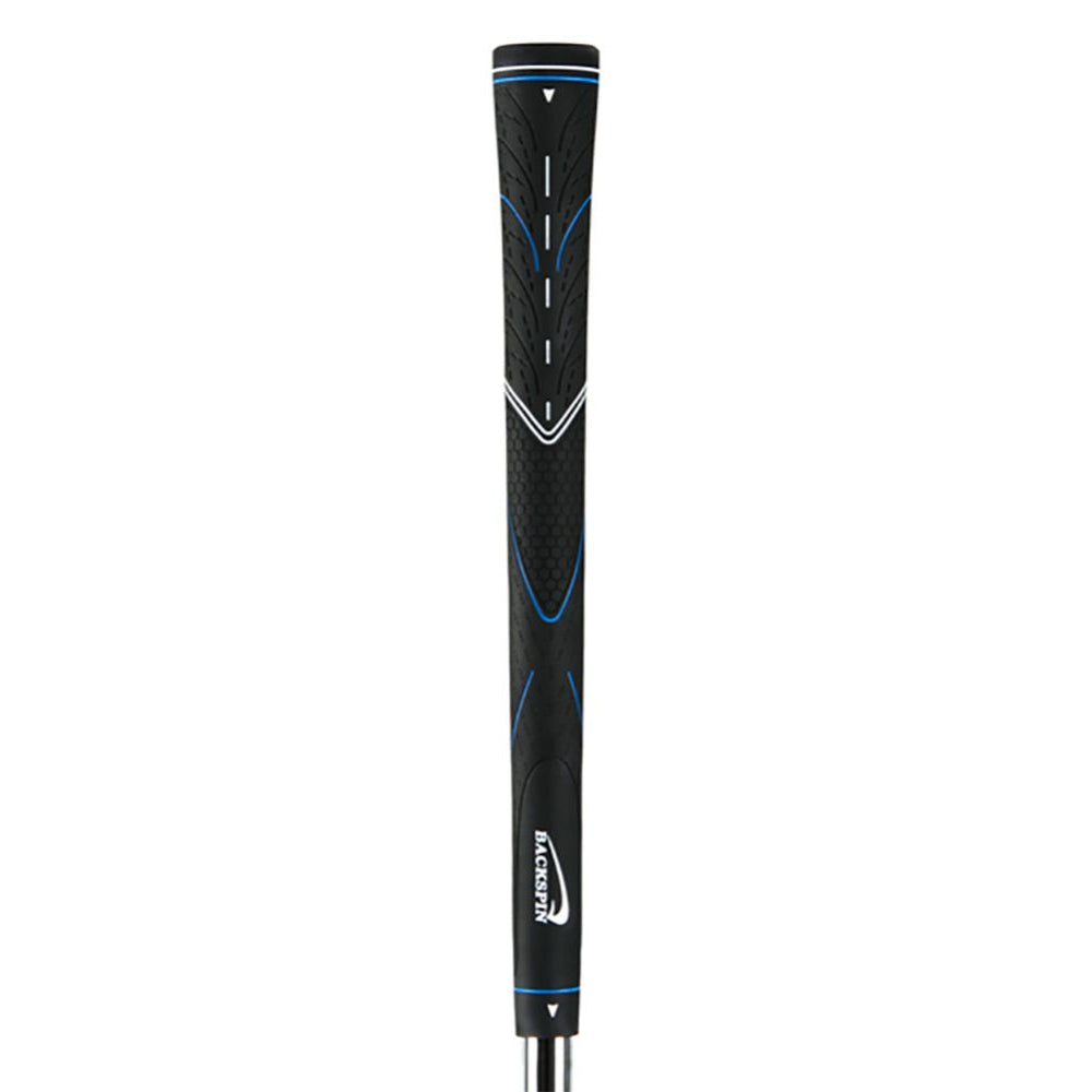 Black golf club grip with blue accents on a white background