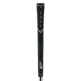 Black golf club grip with blue accents on a white background
