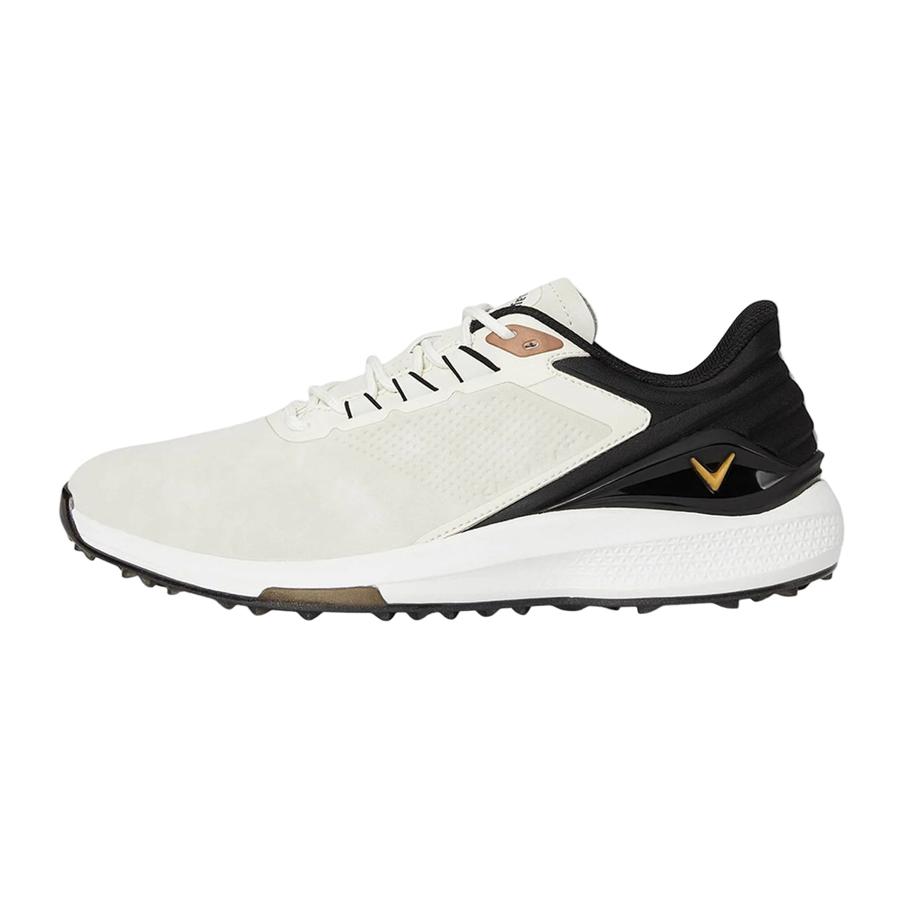 A pair of Callaway men's Coronado V4 golf shoes in sand color with black accents and a white outsole.