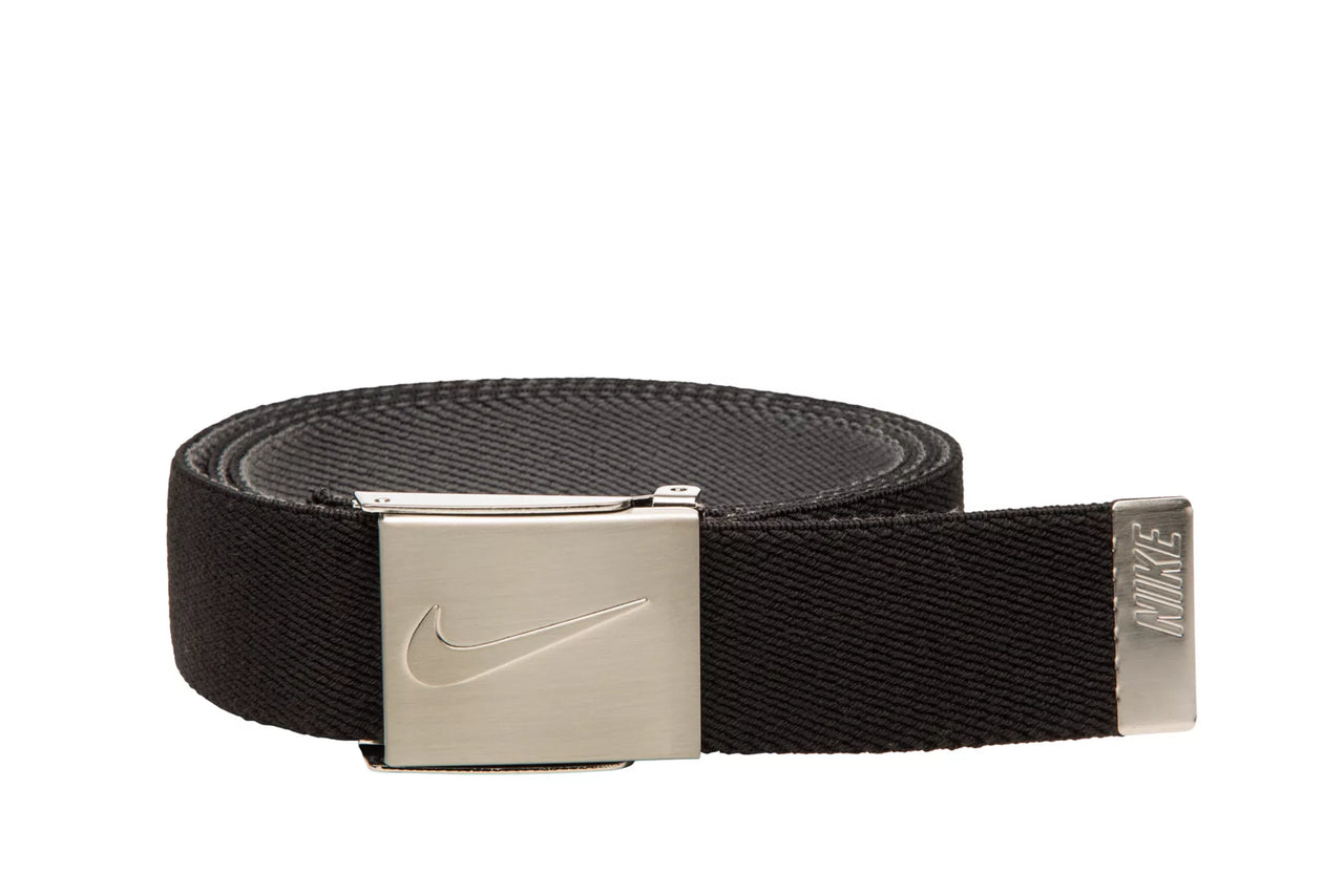 Black Nike belt with silver buckle on a white background