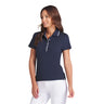 Woman wearing a navy polo shirt with white trim on a light gray background